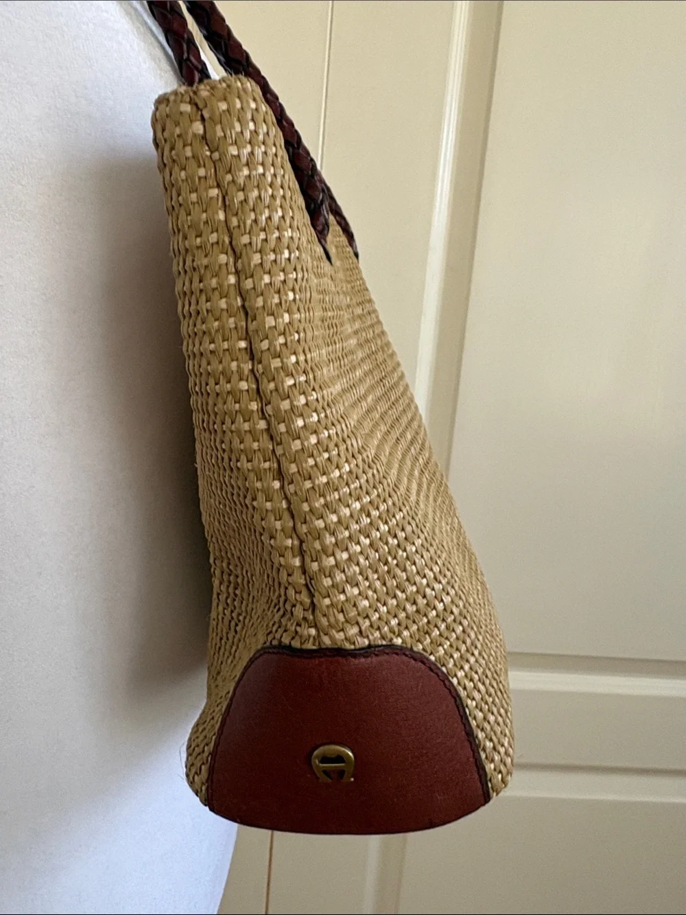 VINTAGE ETIENNE AIGNER MINI STRAW AND LEATHER TOTE/ SHOULDER BAG Mid 1990’s